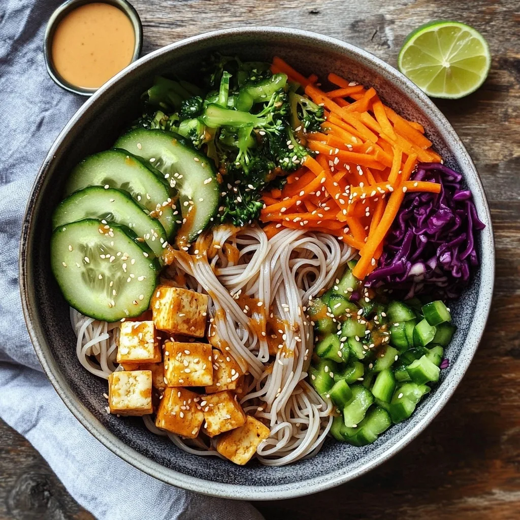 Buddha noodle bowl with rice noodles, tofu, cucumber, carrots, purple cabbage, and broccoli served with a side of peanut sauce and lime wedge.