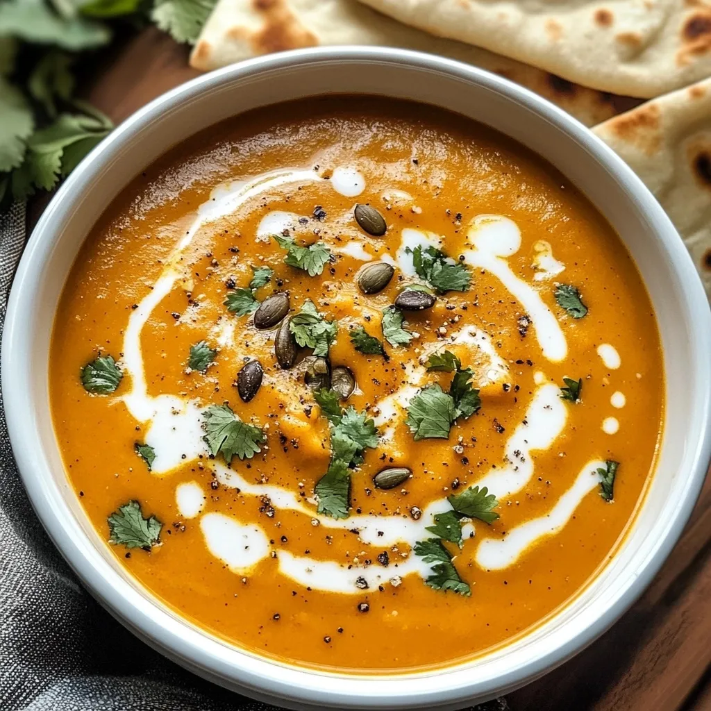 Bowl of coconut curry pumpkin soup with coconut milk swirls, toasted pumpkin seeds, and cilantro garnish, served with naan bread and a small bowl of condiments.