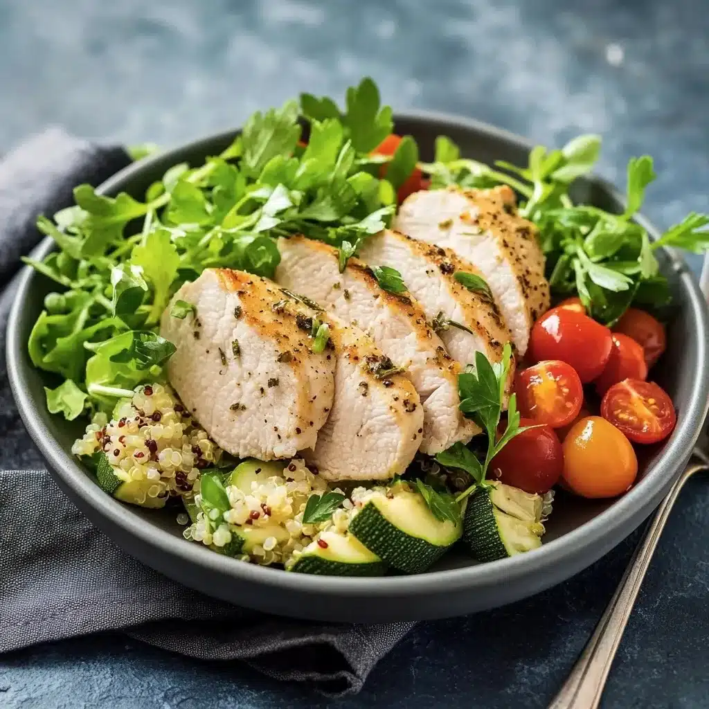 Close-up of herb-seasoned sliced chicken breast with quinoa, zucchini and cherry tomatoes garnished with fresh parsley