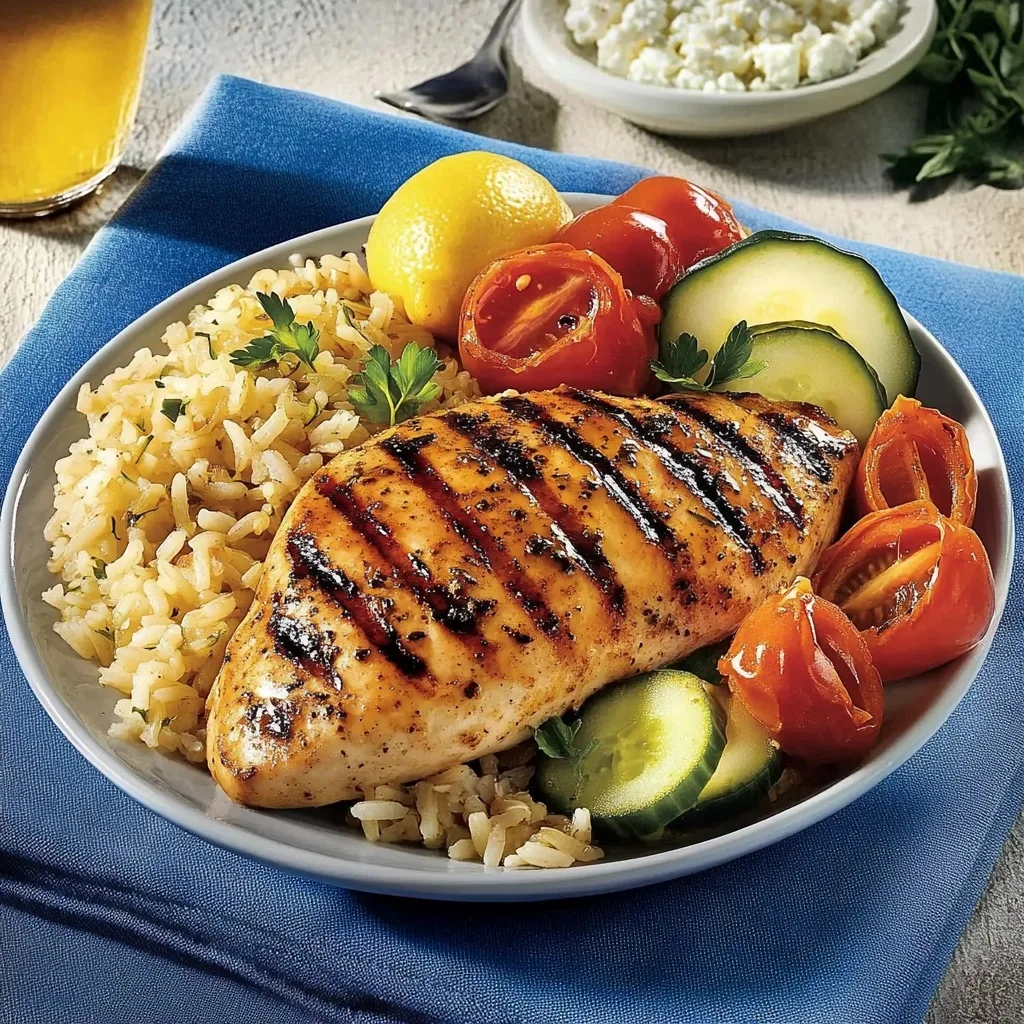 Grilled lemon-herb chicken breast on a white bowl with rice, sliced tomatoes, cucumber rounds, and lemon wedge, with feta cheese visible nearby.