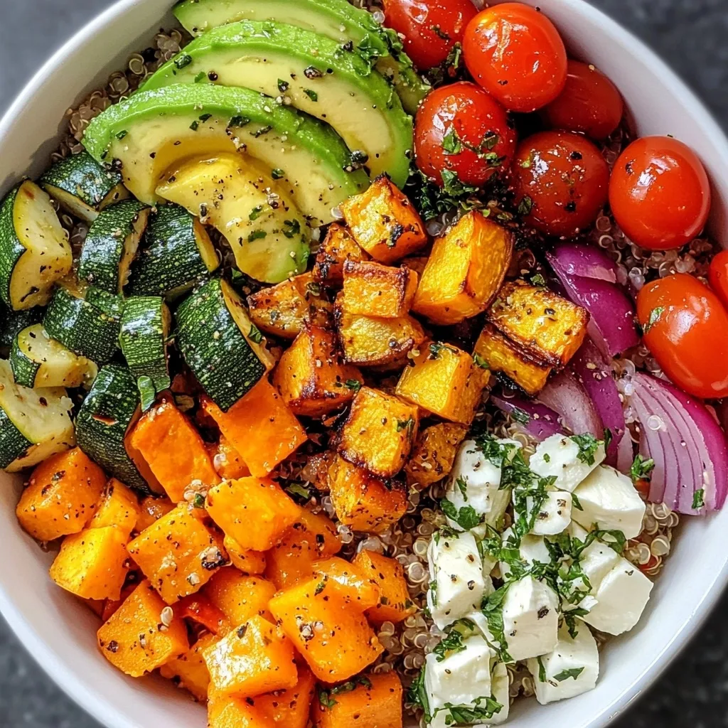 Colorful quinoa bowl featuring sliced avocado, cherry tomatoes, roasted sweet potatoes, zucchini, red onion, and feta cheese.
