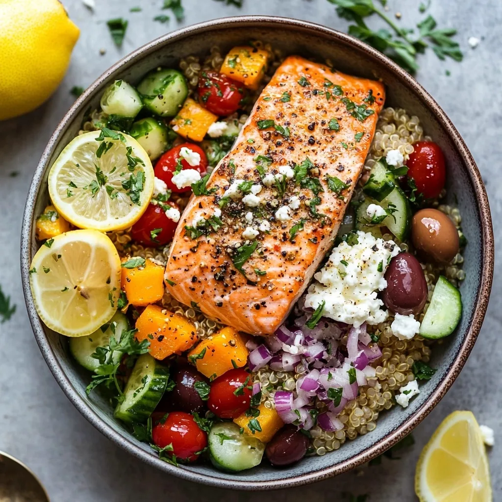 Mediterranean salmon bowl with seared salmon fillet, quinoa, butternut squash, cherry tomatoes, cucumber, olives, feta cheese, and lemon wedges