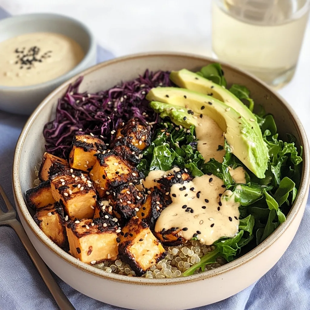 Close-up of a miso tahini sweet potato bowl showing crispy roasted sweet potatoes, leafy greens, quinoa, avocado slices and creamy sauce with a small bowl of sauce in the background