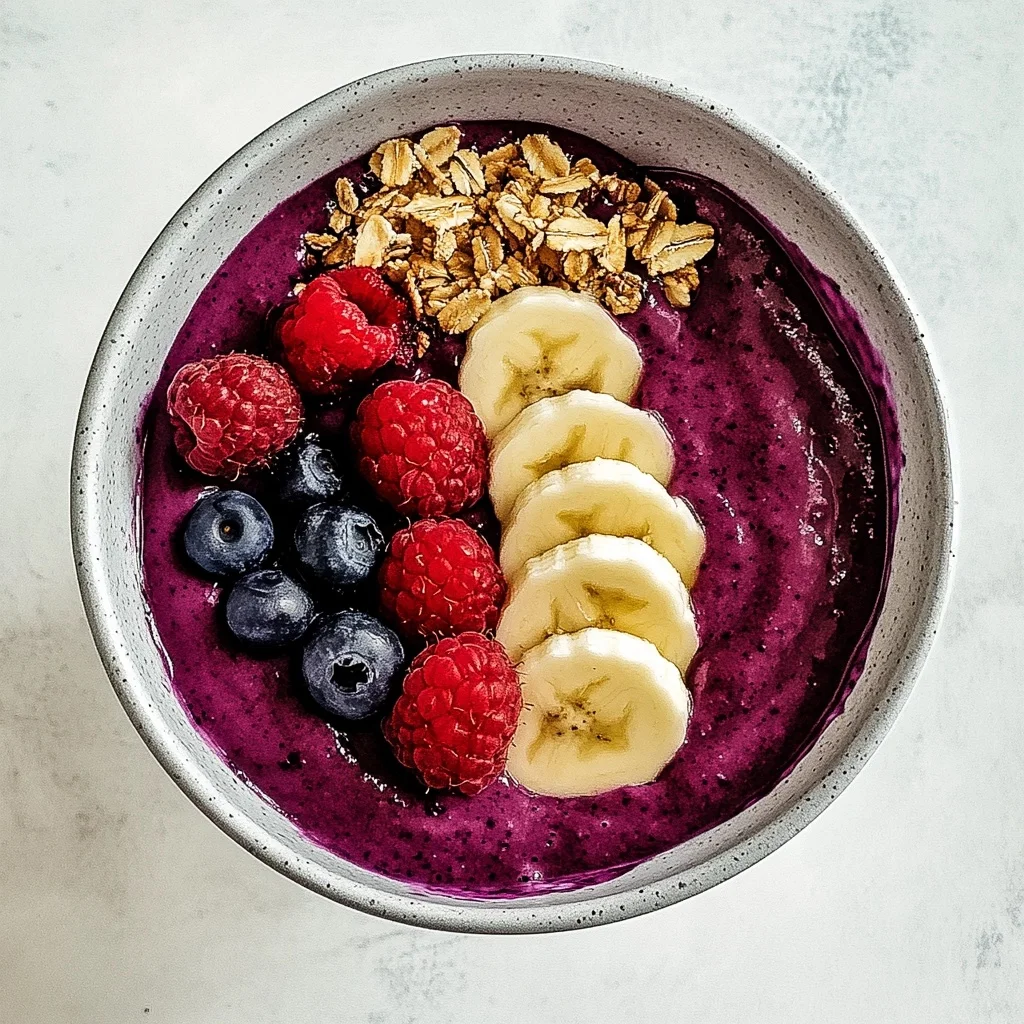 Overhead view of a Berry Bliss Smoothie Bowl with banana slices, fresh berries, and granola arranged in neat rows.
