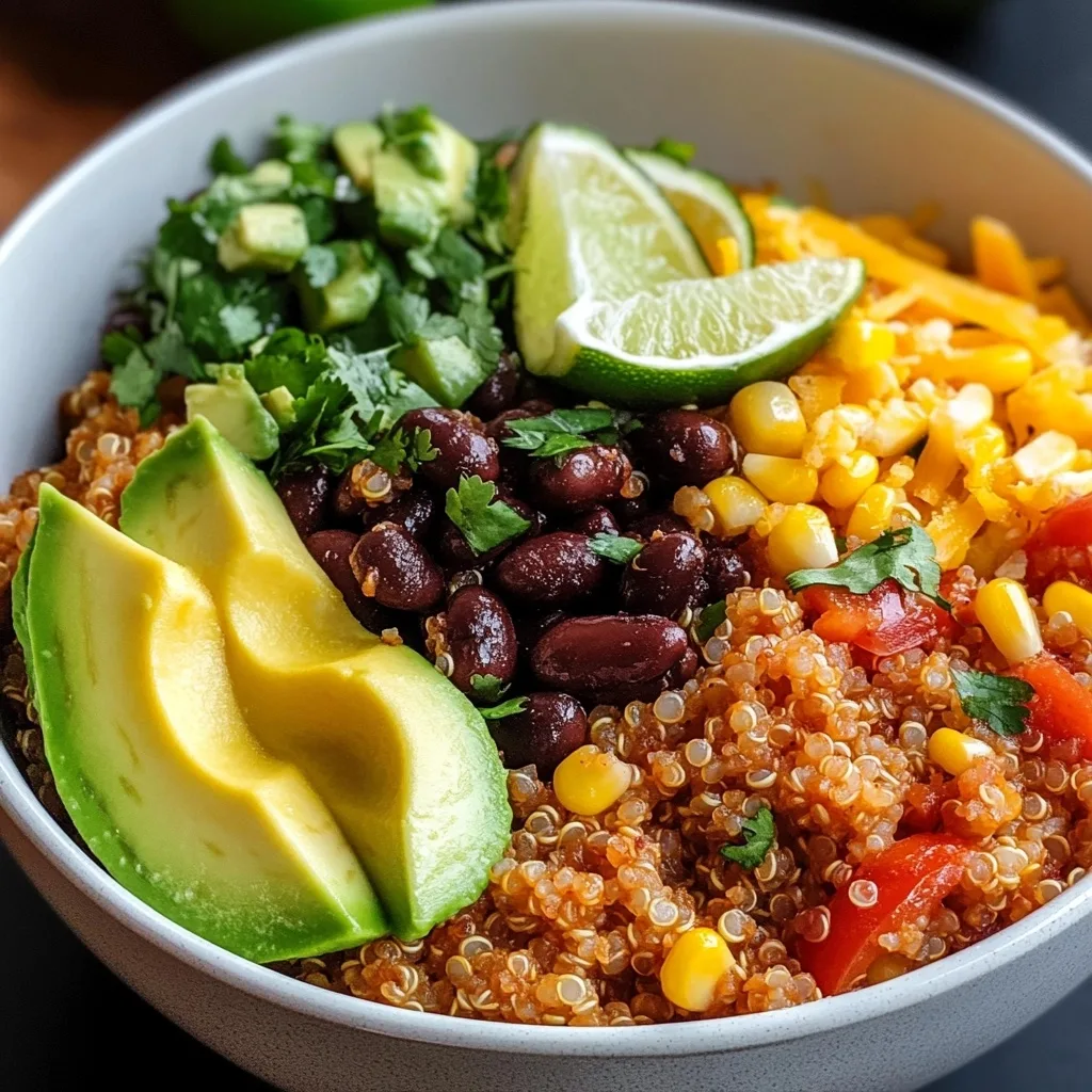 Quinoa black bean bowl featuring black beans, corn, diced bell peppers, avocado slices, fresh cilantro, and a lime wedge arranged in sections over seasoned quinoa.