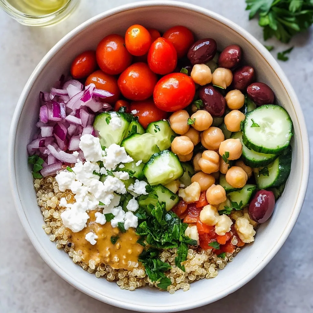 Colorful Quinoa Mediterranean Bowl featuring tri-color quinoa, cherry tomatoes, cucumber, red onion, chickpeas, Kalamata olives, and crumbled feta cheese with olive oil visible on the side.