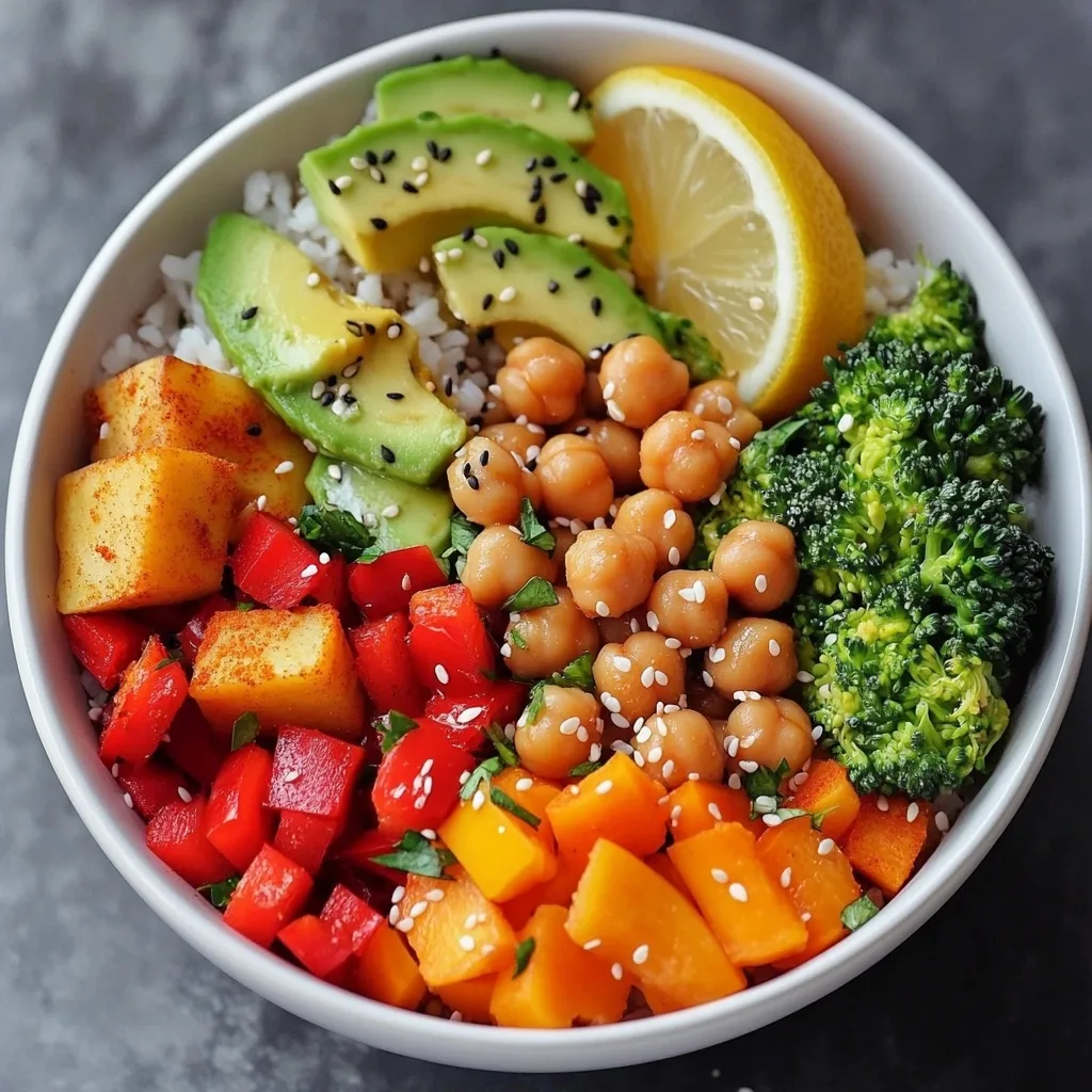 Buddha bowl containing white rice topped with avocado slices, broccoli, chickpeas, diced bell peppers, sweet potato cubes, and a lemon wedge garnish.