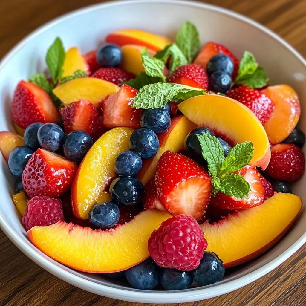 Completed Peach Berry Fruit Salad in a white ceramic bowl featuring peach slices, strawberries, blueberries, raspberries, and mint leaves.