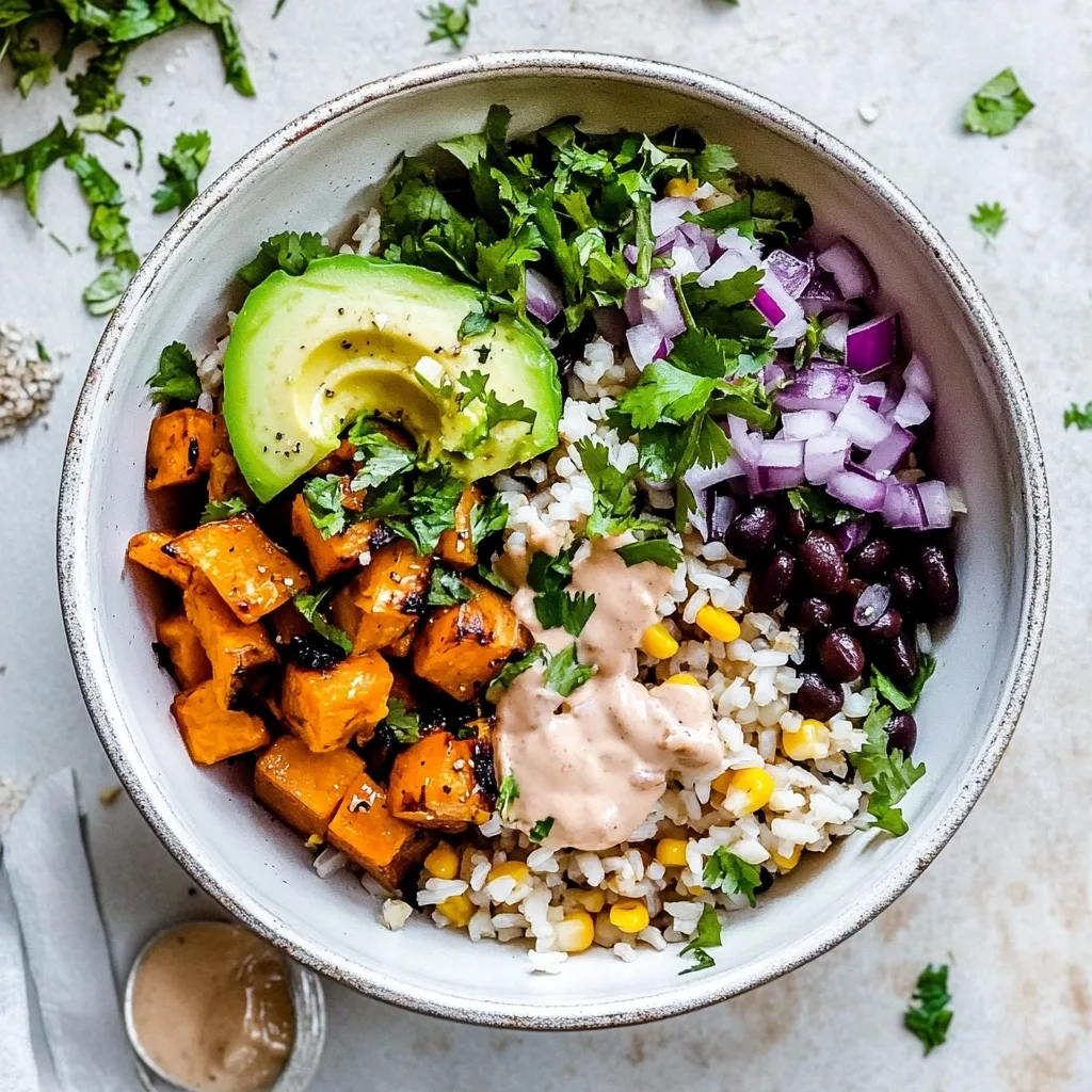 Sweet Potato Rice Bowl featuring roasted sweet potatoes, avocado, black beans, diced red onion, cilantro, and chipotle sauce served over rice with corn.