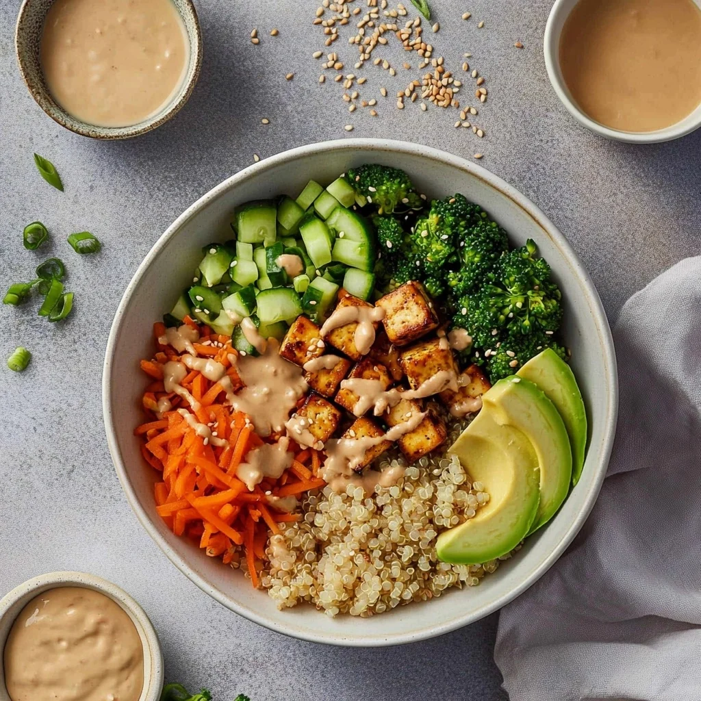 Tofu Buddha Bowl with quinoa, crispy tofu, shredded carrots, cucumber, broccoli, and avocado slices with tahini sauce.