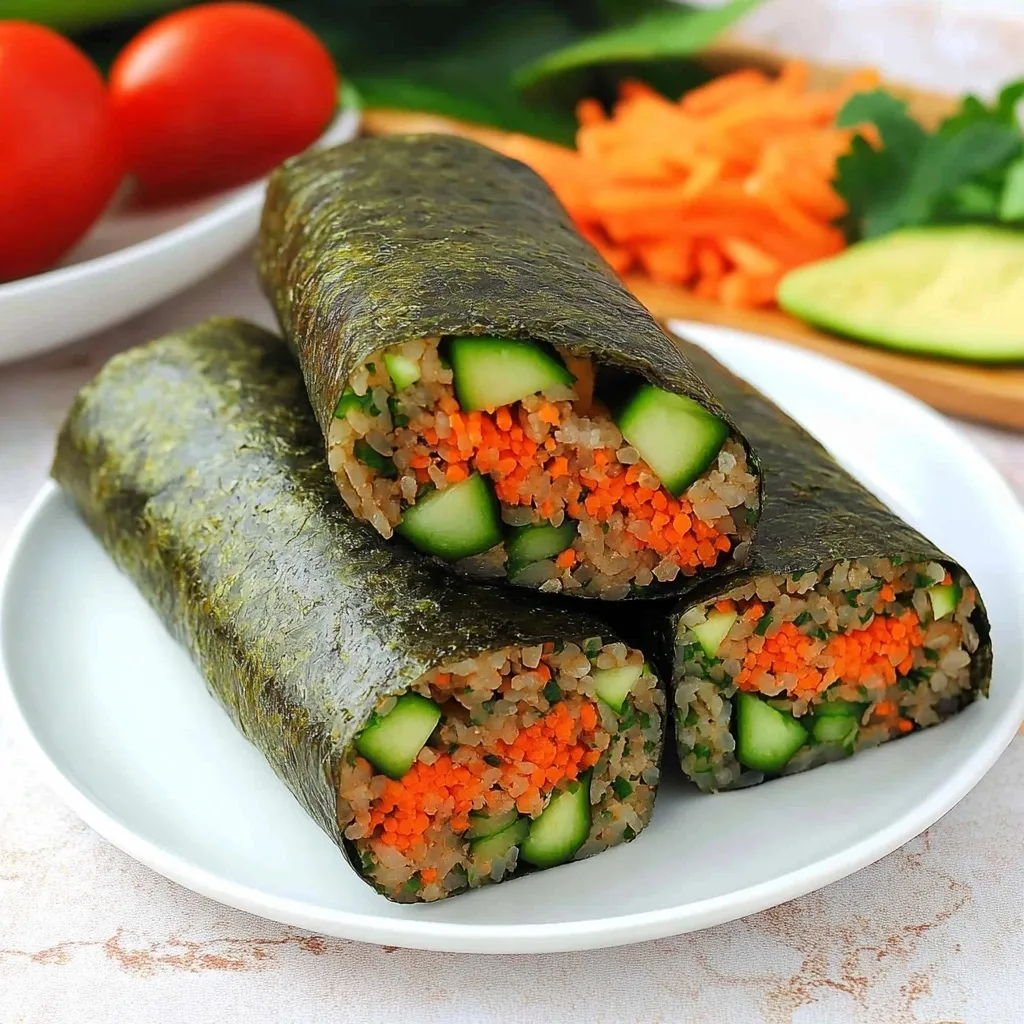 Close-up of three sushi wraps on a light blue plate with visible layers of rice, cucumber, carrot, and herbs with fresh vegetables in background