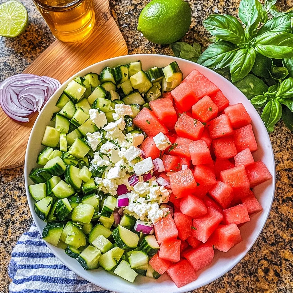 Overhead view of Watermelon-Feta Summer Salad in a white bowl with cubed watermelon, cucumber, feta cheese, and red onion, surrounded by fresh basil, lime, and balsamic glaze.