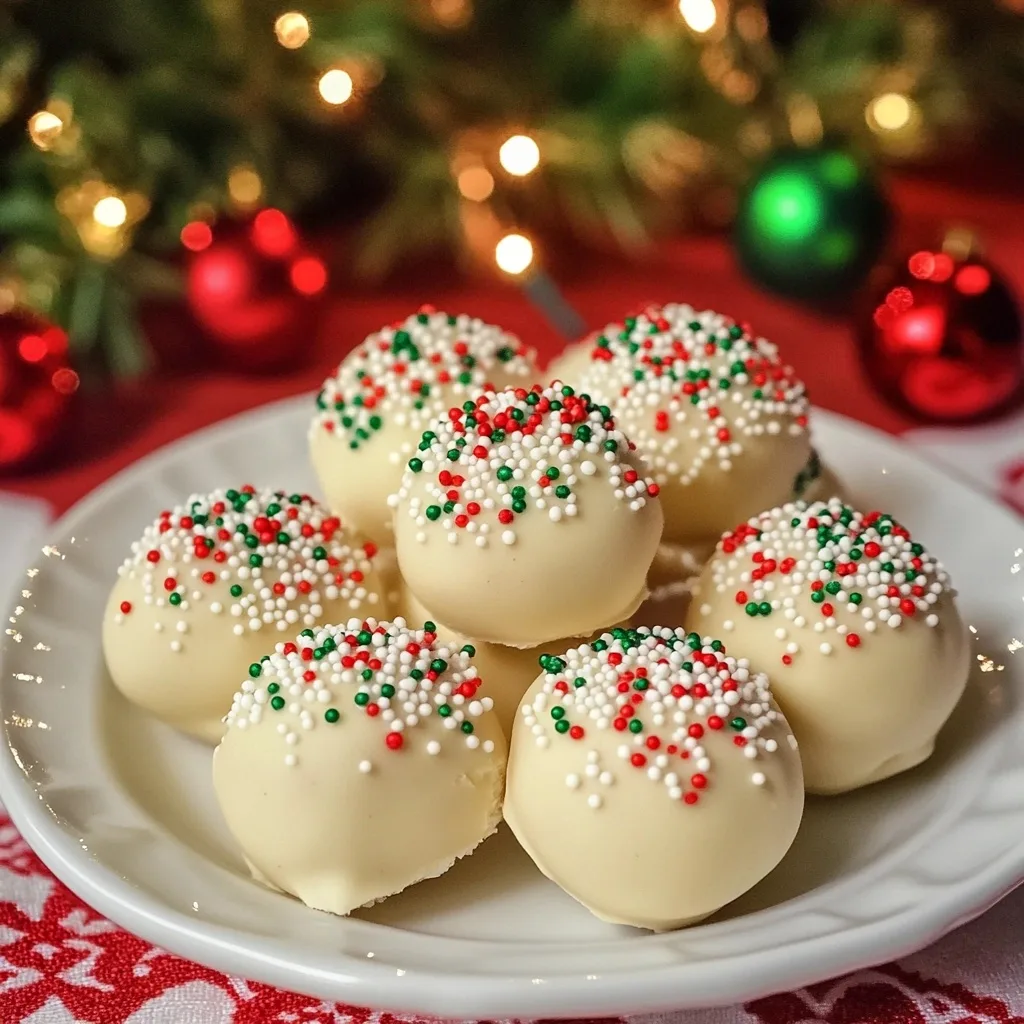 White chocolate peanut butter balls with red and green sprinkles on a white plate with blurred Christmas lights and ornaments in the background