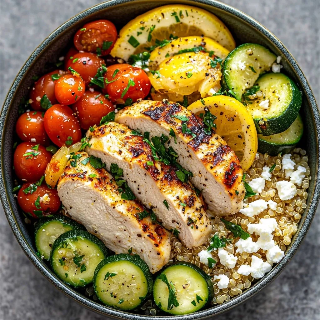 Summer Lemon Herb Chicken Bowl with grilled chicken slices, red cherry tomatoes, lemon wedges, zucchini, and feta cheese over quinoa.