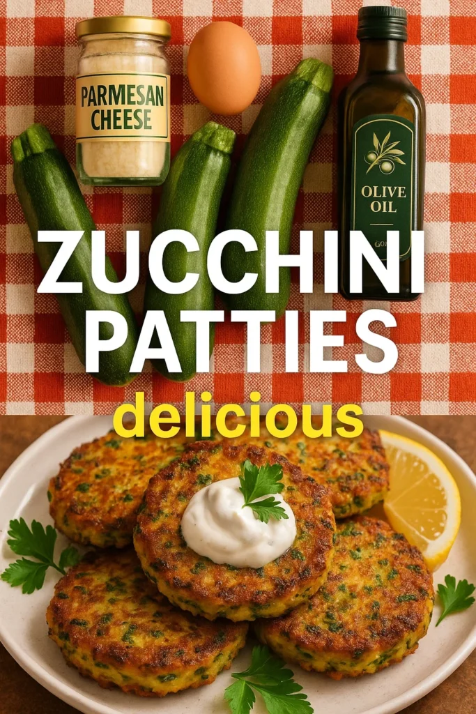 Zucchini patties ingredients arranged on a red checkered tablecloth including fresh zucchini, parmesan cheese, an egg, and olive oil.