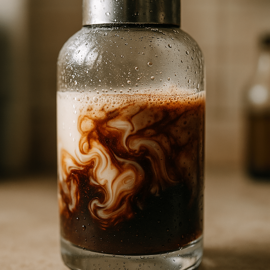 Shaking mushroom coffee mocktail with oat milk, cinnamon, and dark syrup in a glass shaker