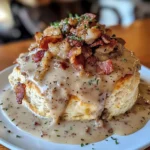 Close-up view of biscuit and gravy dish with generous bacon topping, creamy gravy, and black pepper seasoning