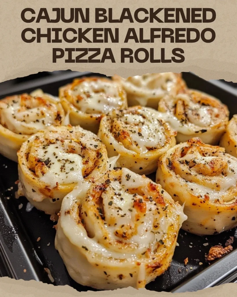 Cajun blackened chicken Alfredo pizza rolls recipe title overlay on baked rolls with melted cheese