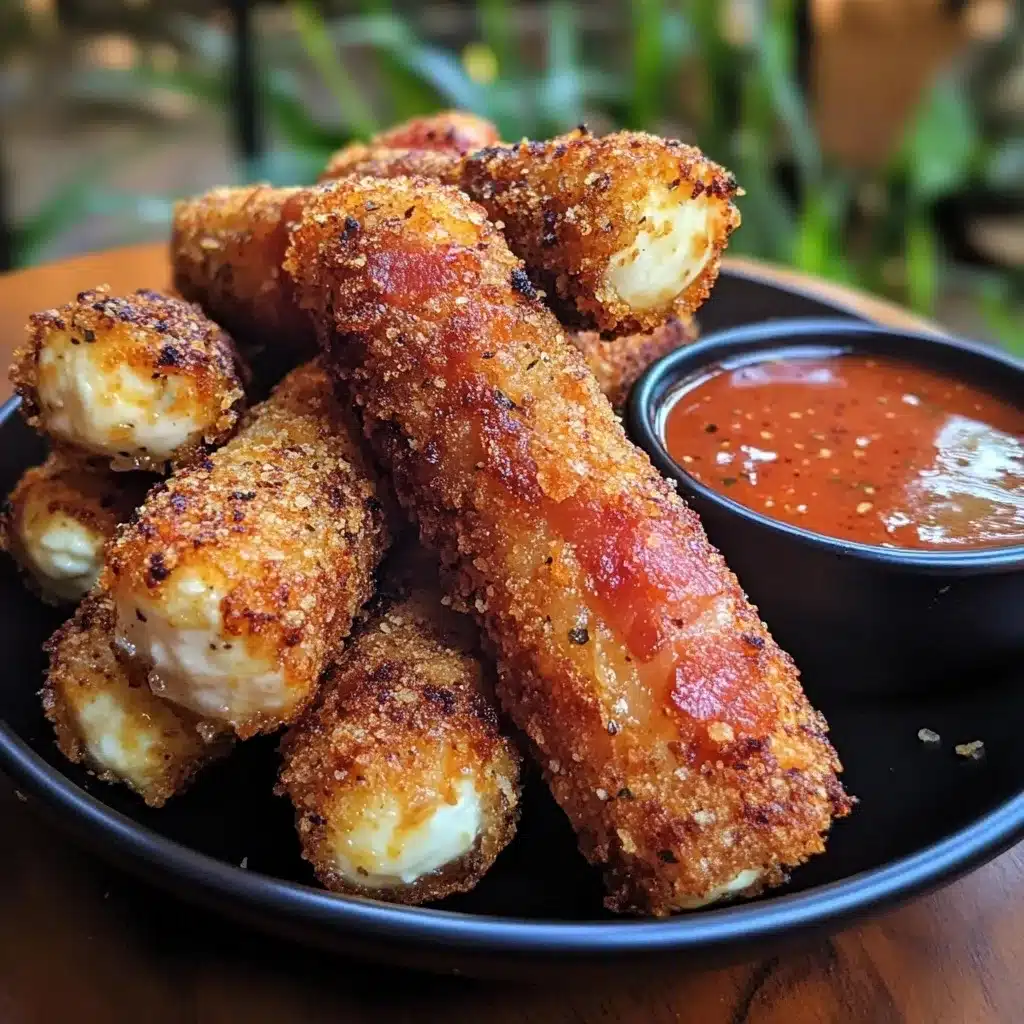 Crispy bacon-wrapped mozzarella sticks showing melted cheese centers with spicy sriracha dipping sauce