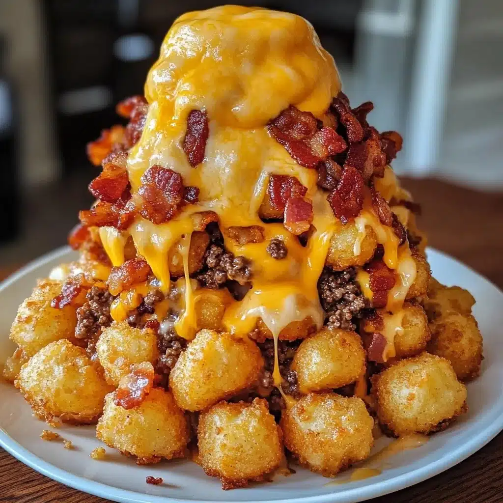 Close-up view of bacon cheeseburger tater tot cones with bubbling melted cheese, crispy bacon, and ground beef filling