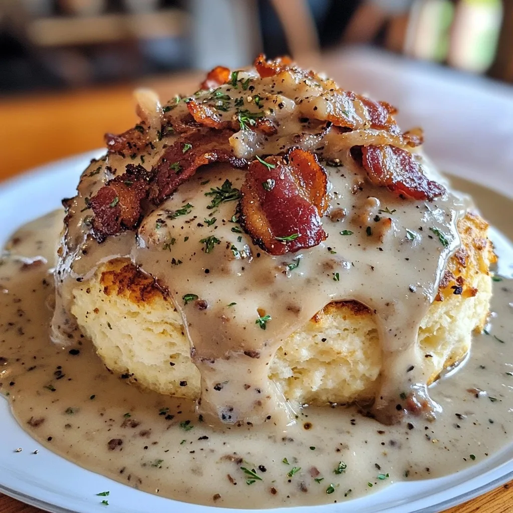 Side angle view of tall biscuit covered in thick gravy with bacon pieces and herbs, showing biscuit structure and height