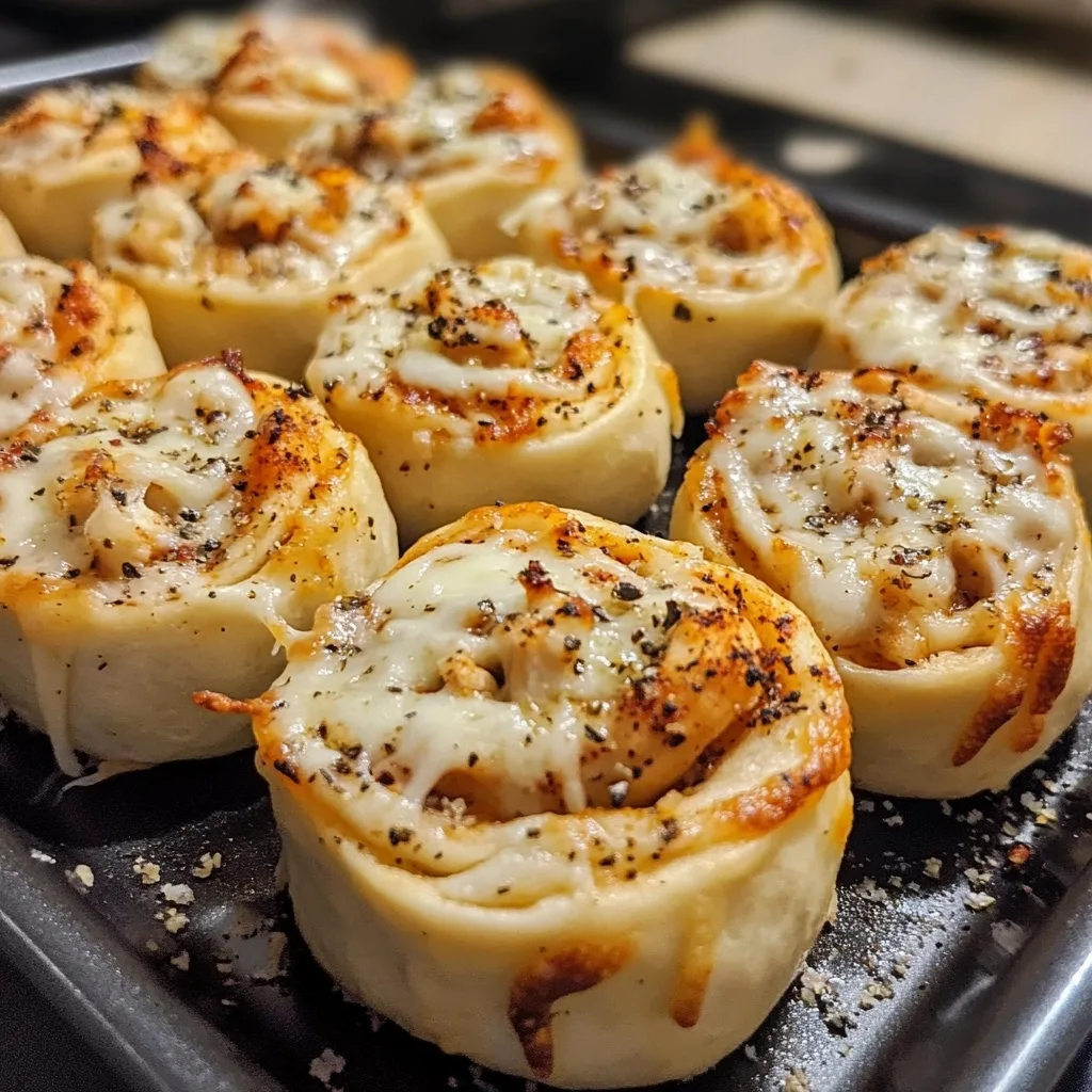 Freshly baked Cajun blackened chicken Alfredo pizza rolls on dark baking sheet with melted cheese and herbs
