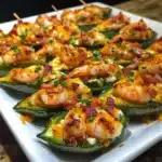 Golden baked jalapeño poppers with honey garlic shrimp and bacon showing bubbly melted cheese topping