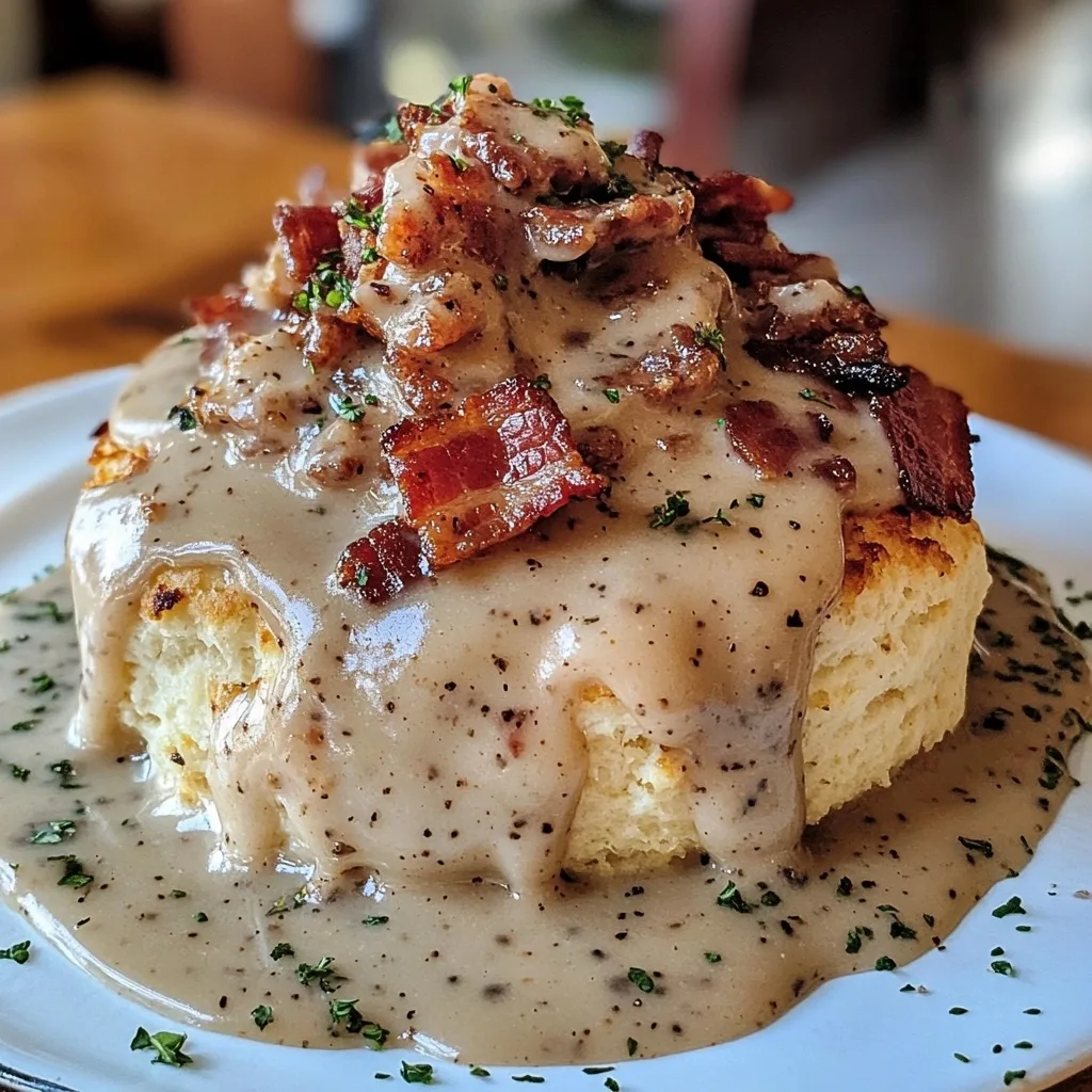 Fluffy golden biscuit topped with thick white sausage gravy, crispy bacon pieces, and fresh herbs on a white plate