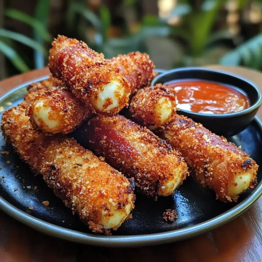 Deep-fried bacon-wrapped mozzarella sticks with golden crispy breading served on black plate with sriracha dip