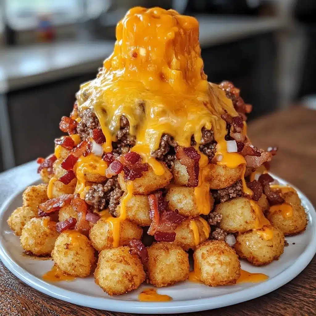 Bacon cheeseburger stuffed tater tot cones with colossal cheese volcano, bacon pieces, ground beef, and diced onions on white plate