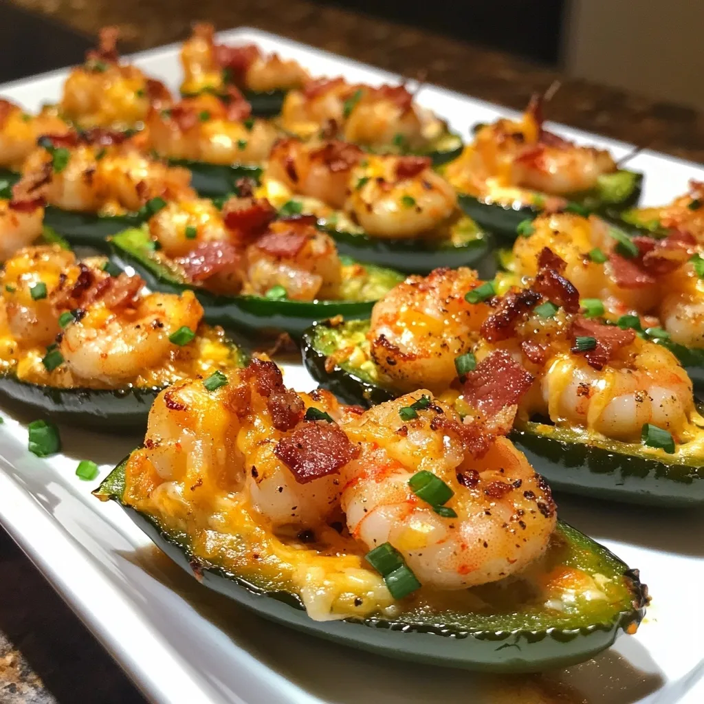 Honey garlic shrimp and bacon stuffed jalapeño poppers arranged on white serving platter showing melted cheese and crispy bacon pieces