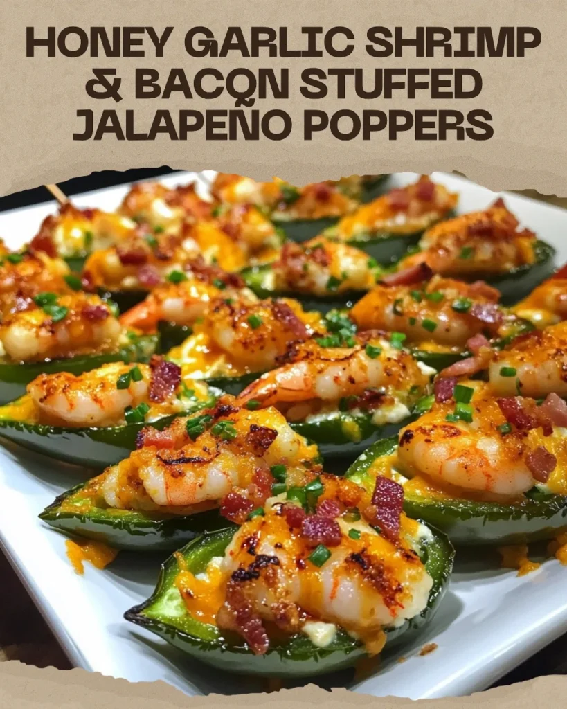 Recipe title overlay on honey garlic shrimp and bacon stuffed jalapeño poppers for social media sharing
