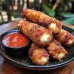 Bacon-wrapped mozzarella sticks with melted cheese stretching, showing gooey interior with sriracha dip