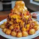 Bacon cheeseburger stuffed tater tot cones with flowing melted cheese volcano, bacon bits, ground beef, served with dipping sauce