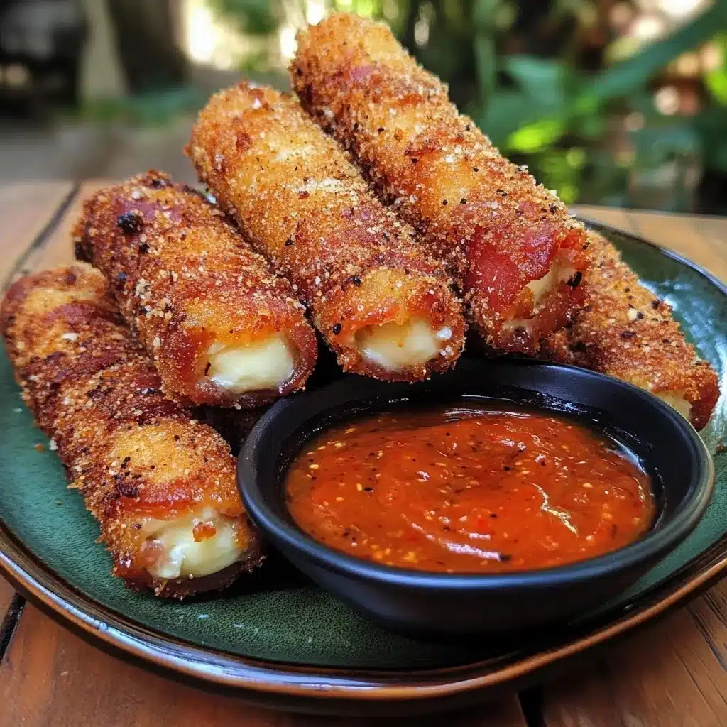 Homemade deep-fried bacon-wrapped mozzarella sticks with visible bacon strips and golden breading on dark plate