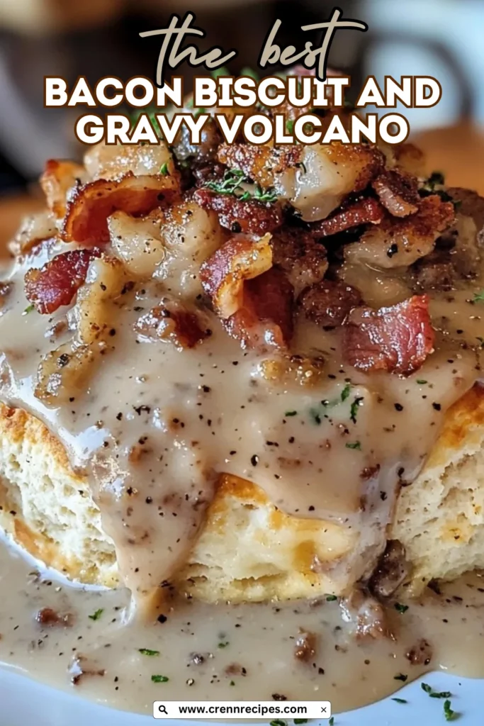 Bacon Biscuit and Gravy Volcano with text overlay reading "the best BACON BISCUIT AND GRAVY VOLCANO" and website URL