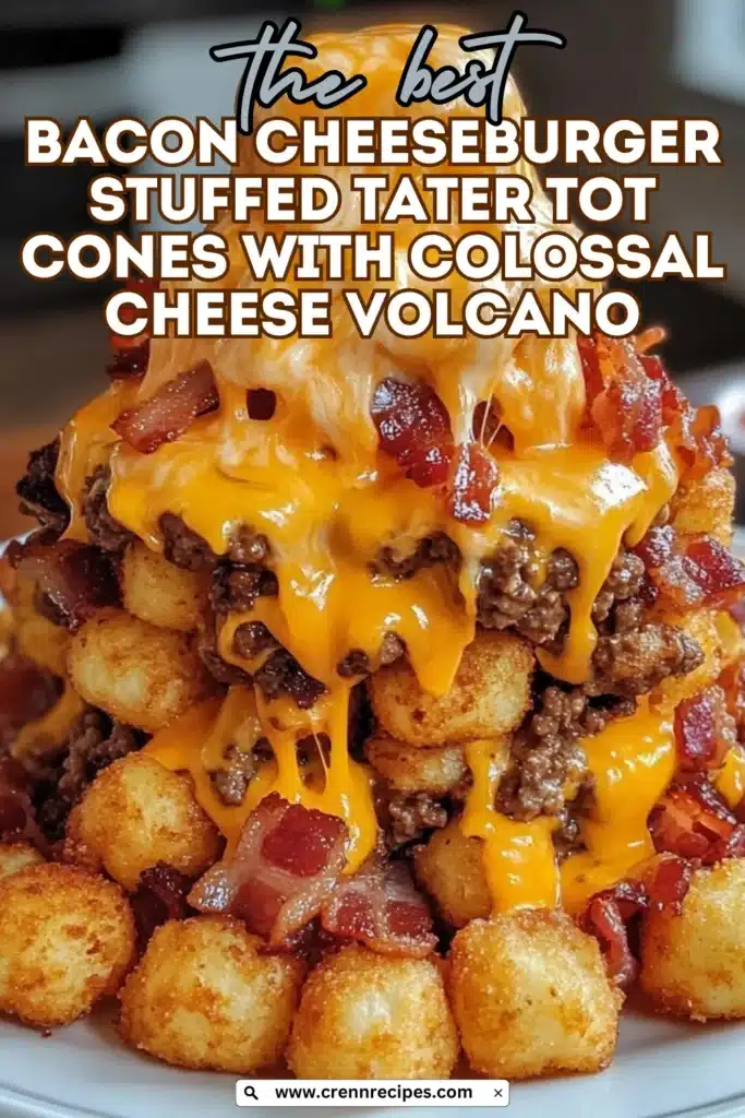 Recipe title overlay on bacon cheeseburger stuffed tater tot cones with colossal cheese volcano, featuring golden tater tots, bacon, and melted cheese