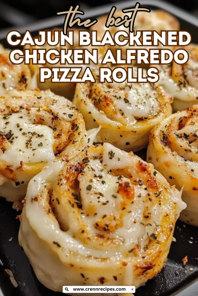The best Cajun blackened chicken Alfredo pizza rolls with script text overlay and website branding