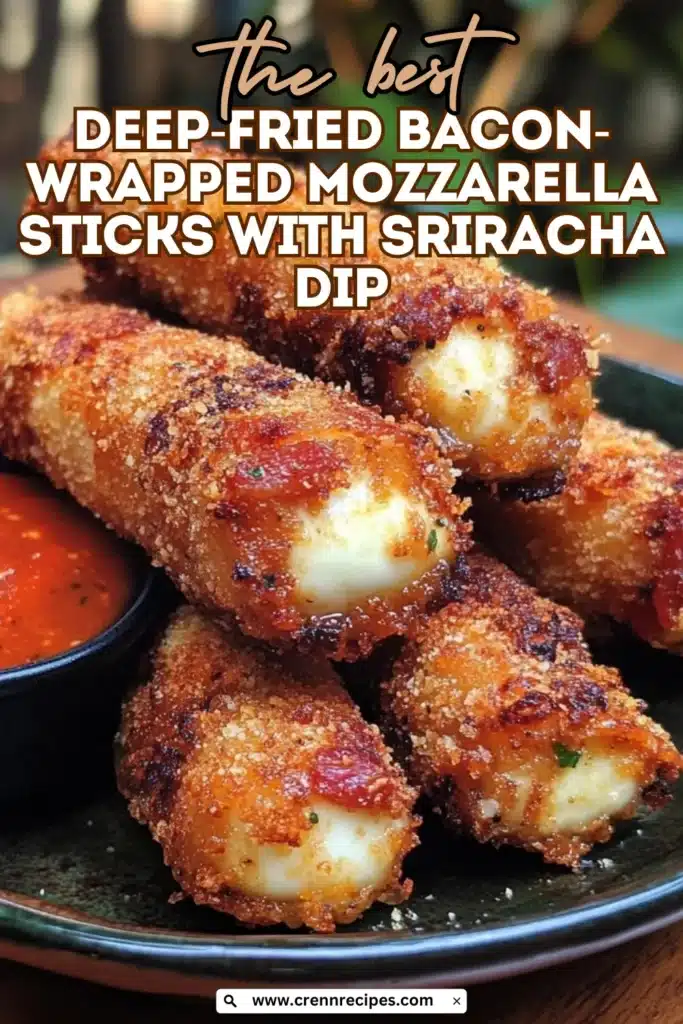 Recipe title graphic for the best deep-fried bacon-wrapped mozzarella sticks with sriracha dip overlay text