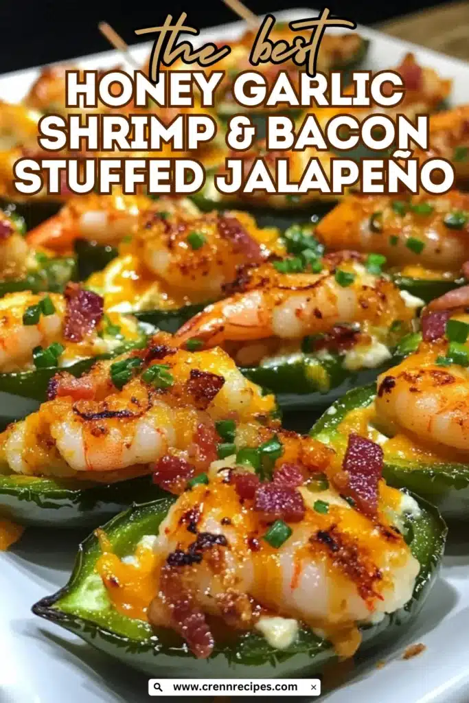 Pinterest-style recipe image of honey garlic shrimp and bacon jalapeño poppers with decorative text overlay
