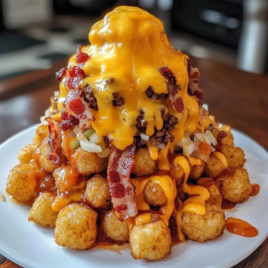 Bacon cheeseburger stuffed tater tot cones with melted cheese volcano, crispy golden tater tots, bacon bits, and ground beef on white plate