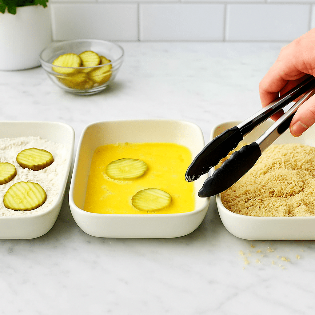 Three-step breading process for air-fried pickles showing flour egg and breadcrumb stations
