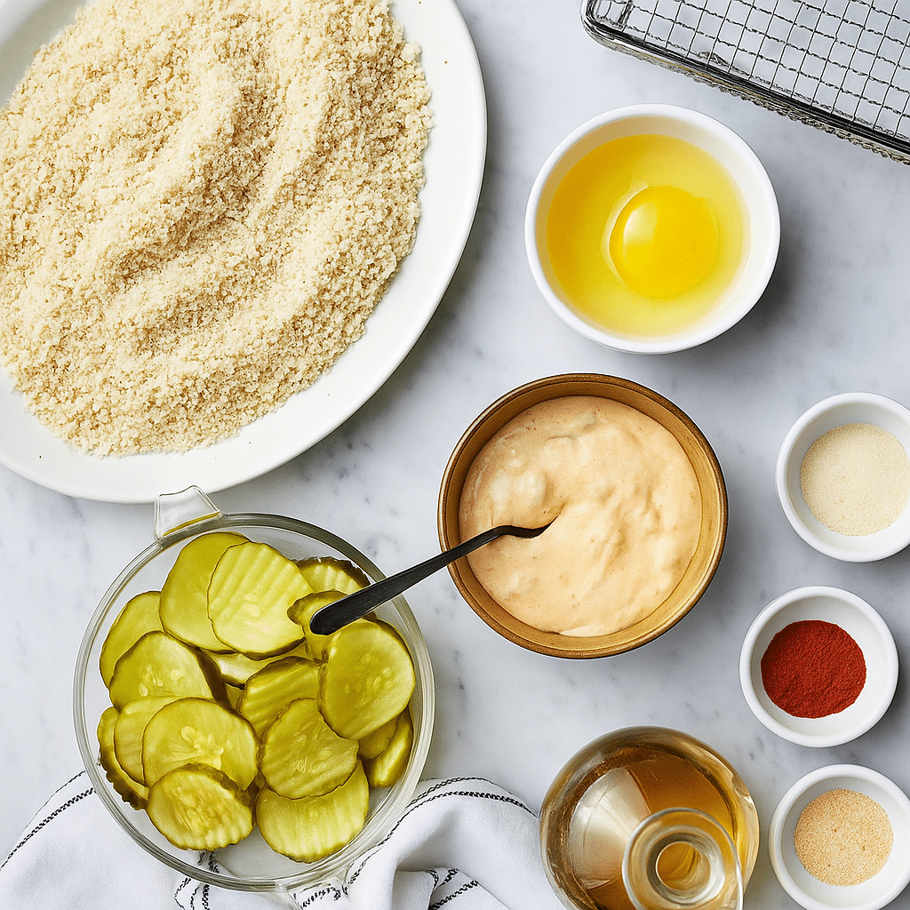 Air-fried pickles ingredients laid out including dill pickles flour eggs and panko breadcrumbs