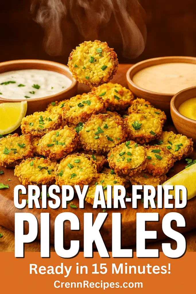 Pinterest pin for air-fried pickles recipe with text overlay and appetizing food photo