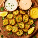 Served air-fried pickles on wooden board with multiple dipping sauces and garnishes