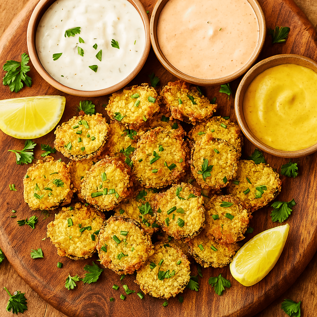 Served air-fried pickles on wooden board with multiple dipping sauces and garnishes