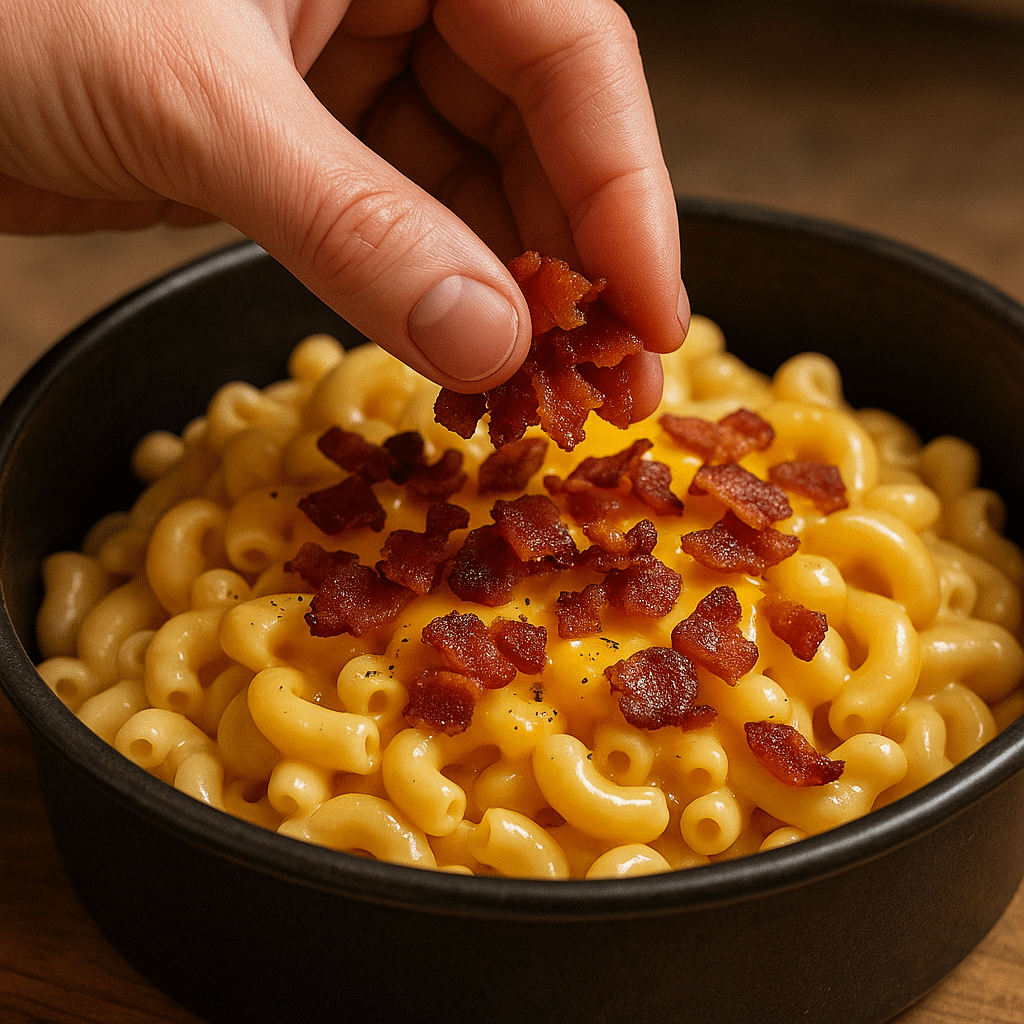 Assembling air fryer bacon mac and cheese layers in baking dish