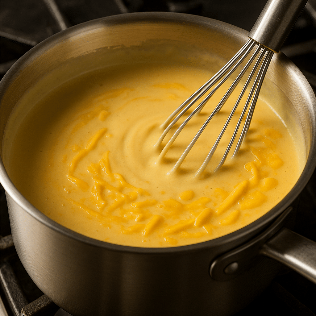 Creamy cheese sauce for air fryer bacon mac and cheese being whisked smooth