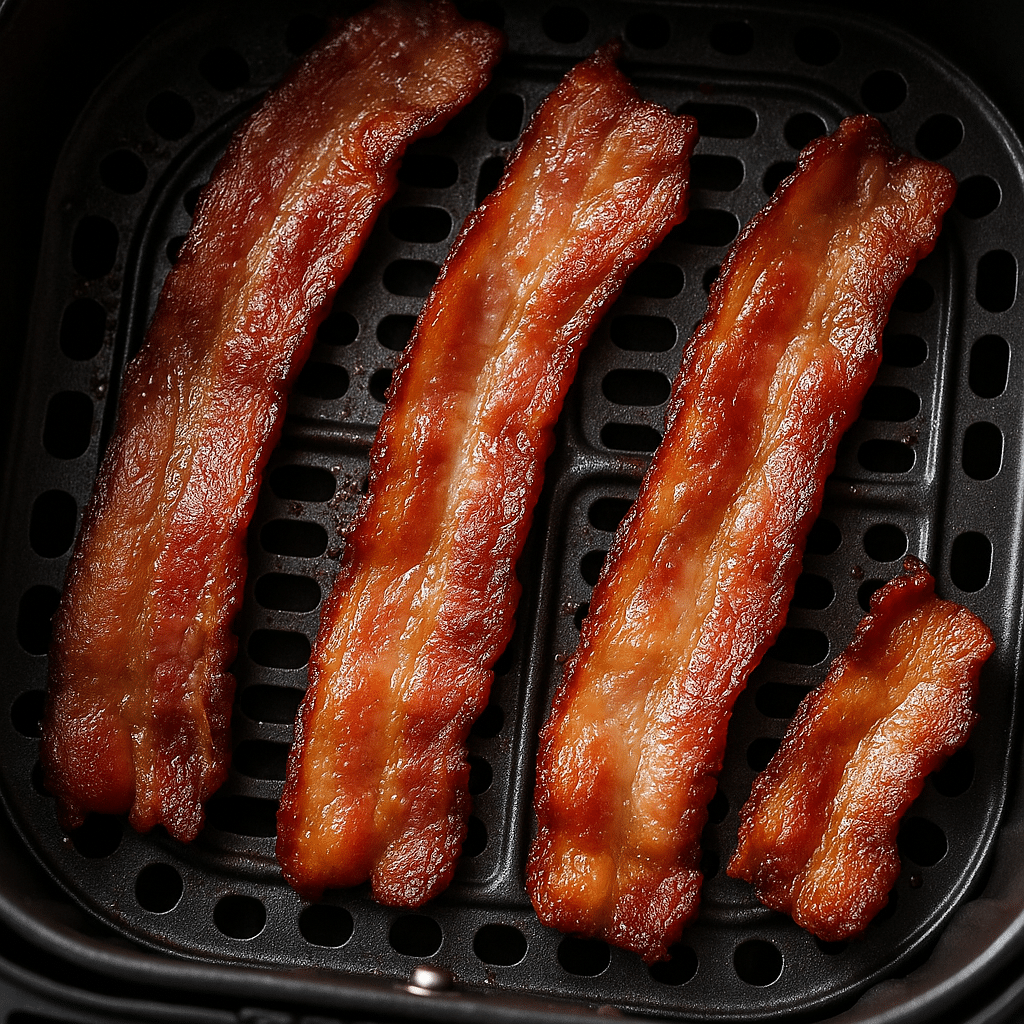 Air fryer bacon cooking golden brown and crispy for mac and cheese recipe