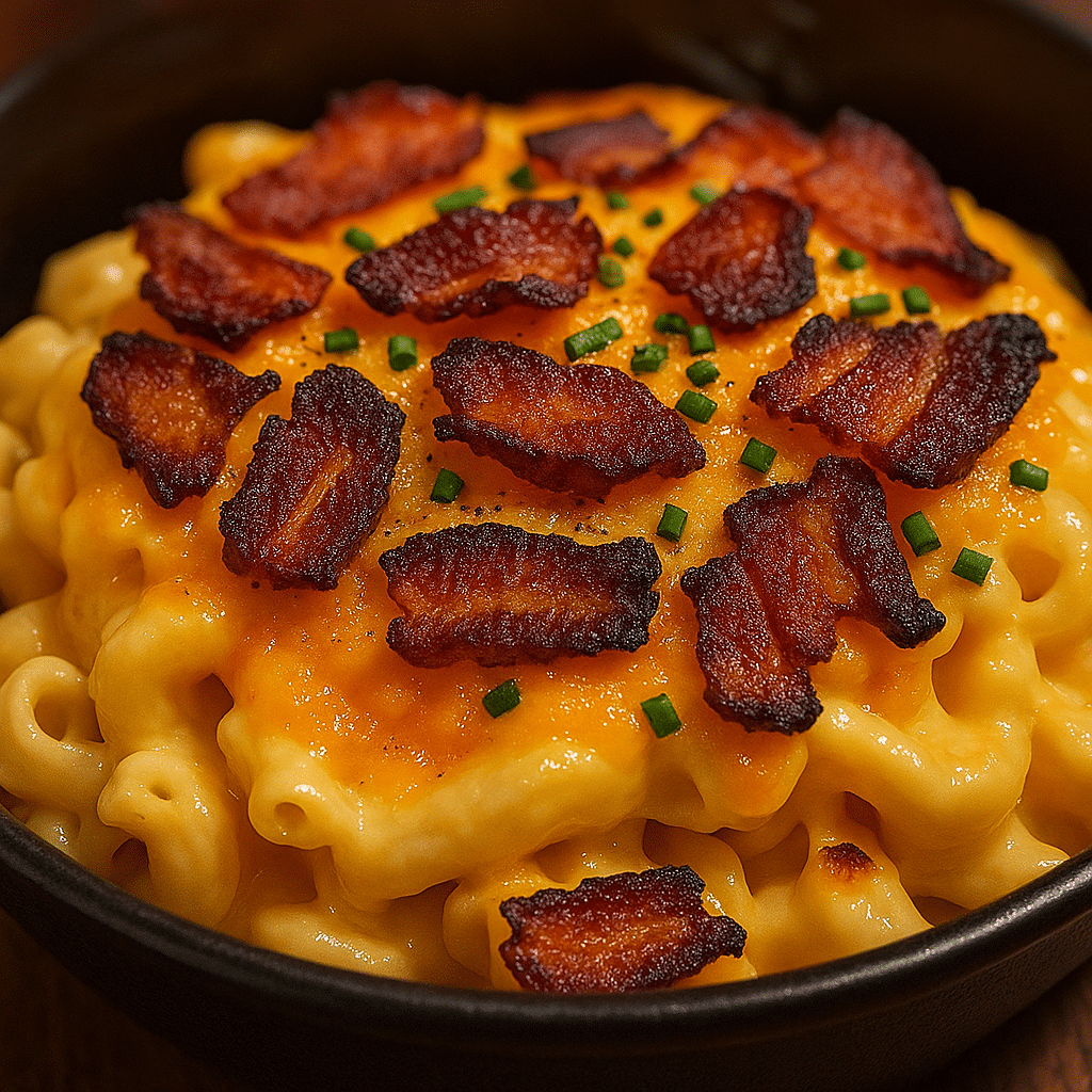 Finished air fryer bacon mac and cheese with golden brown bubbly top